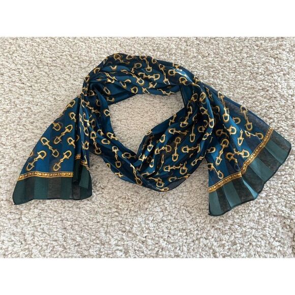 Echo Women Vintage Silk Scarf Blue and Gold Horsebit Equestrian Print - Picture 3 of 7